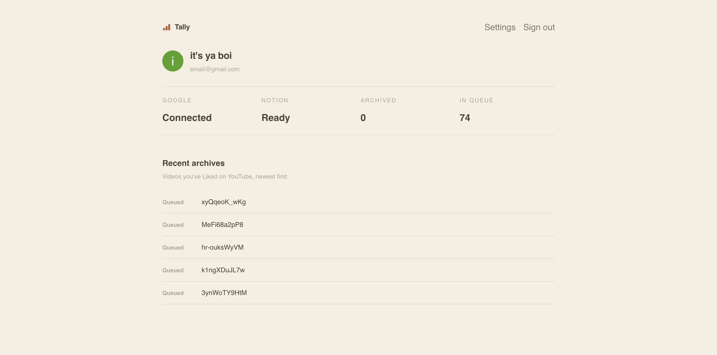 The Tally dashboard for a signed-in user, showing Google connected, Notion ready, counts of archived and queued videos, and a list of recently liked YouTube videos waiting to be archived.