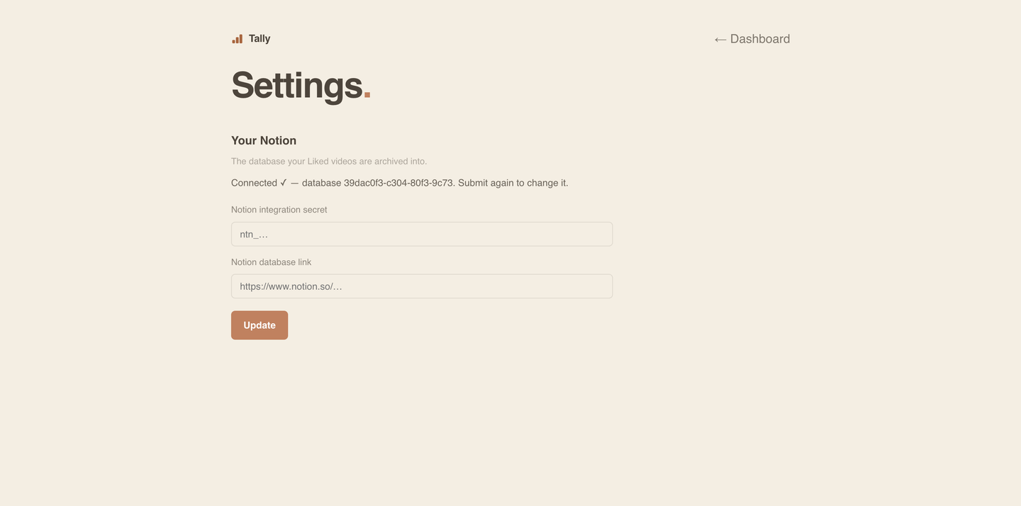 The Tally settings page showing a connected Notion database, with fields for a Notion integration secret and a database link.
