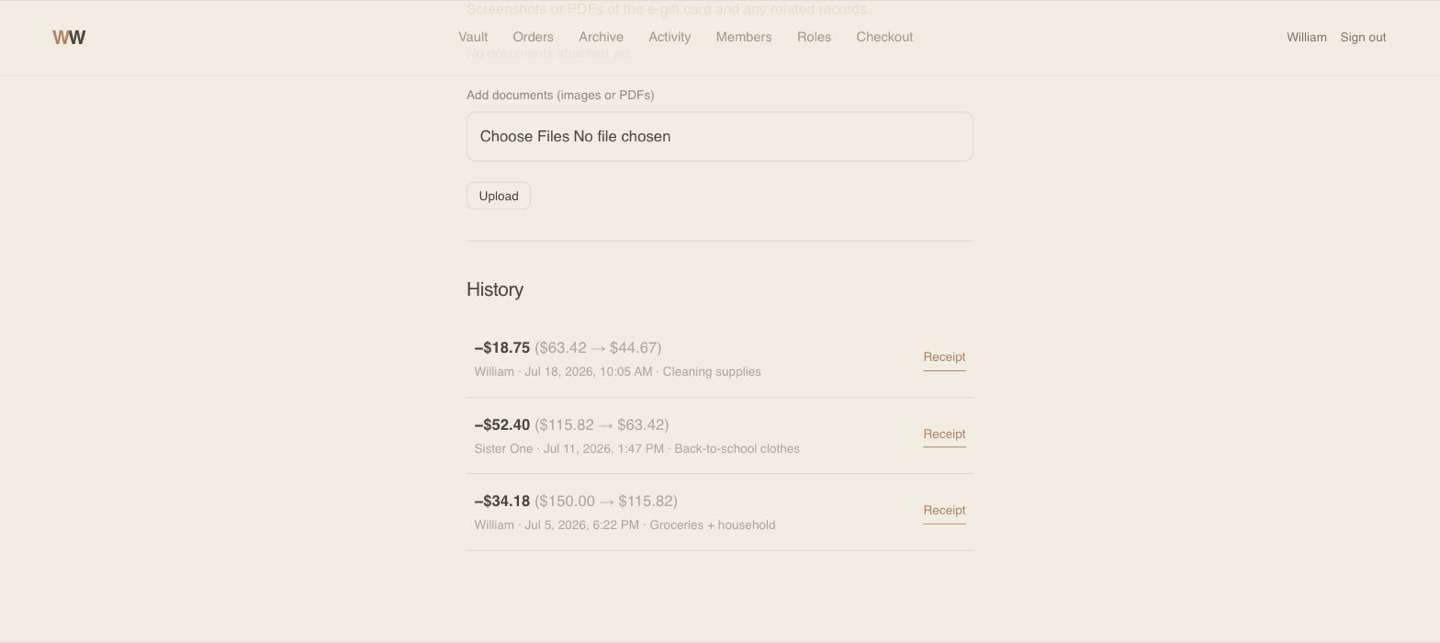 A card's history of balance changes, each entry showing the amount spent, the running balance, who spent it, when, what for, and a linked receipt, above a receipt upload field.