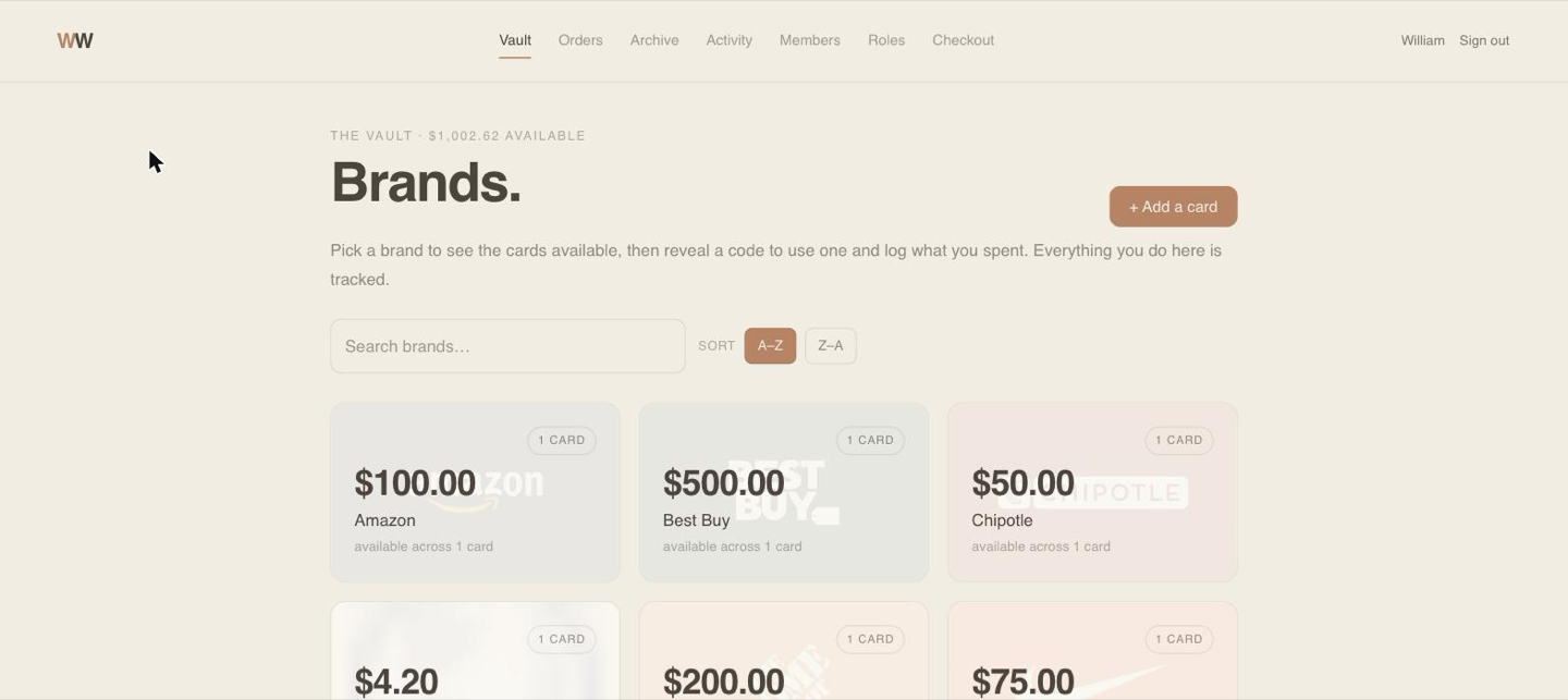 The vault browse screen showing gift cards grouped by brand as tiles with their available balances, and no card codes visible anywhere.