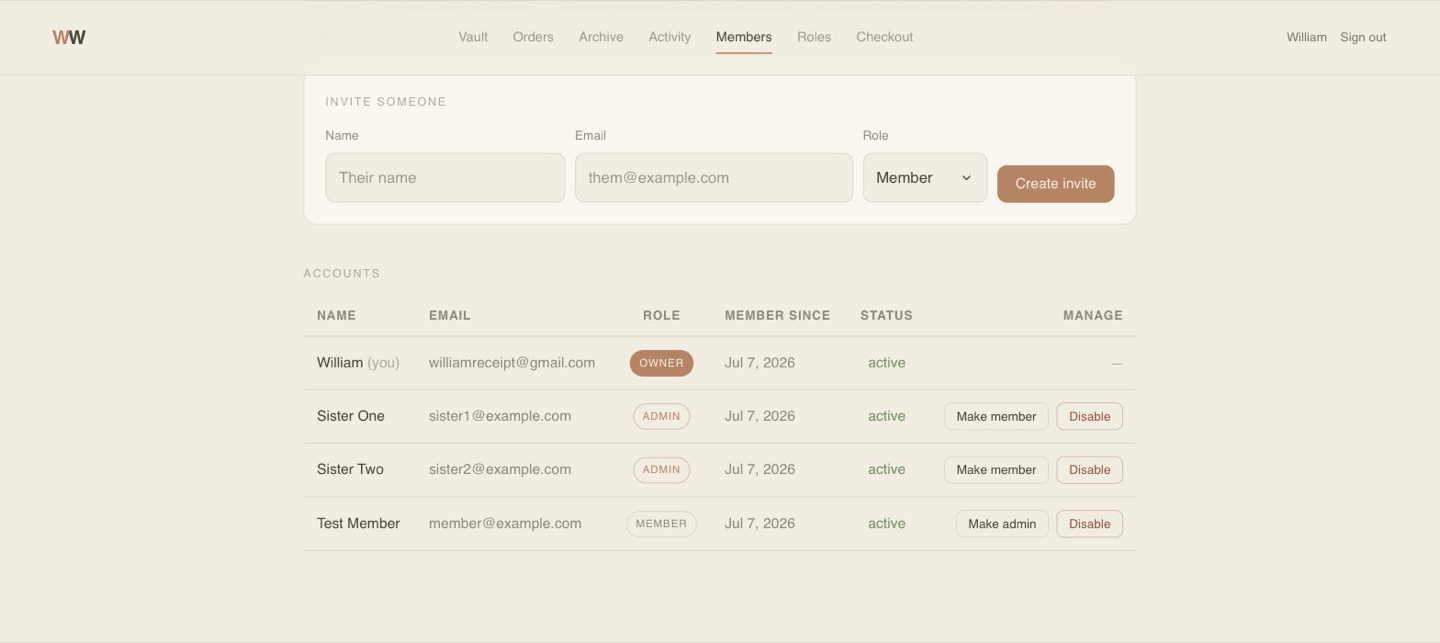 The members page with an invite form and an accounts table listing each person, their email, their role of owner, admin, or member, and controls to promote or disable them.