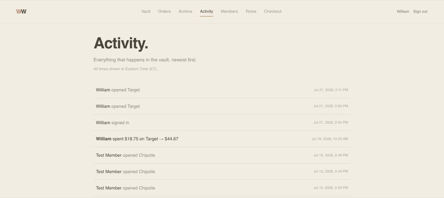 The activity page listing every event in the vault newest first, including sign ins, cards opened, and money spent, each with the person's name and a timestamp.